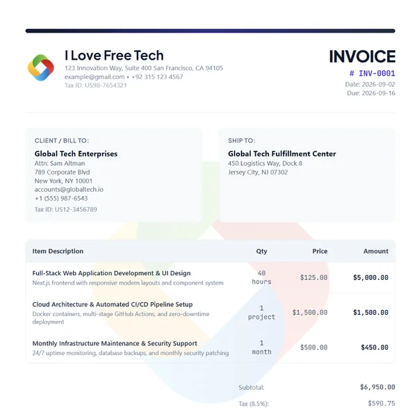 Classic corporate invoice template preview with professional indigo accents and financial total breakdown