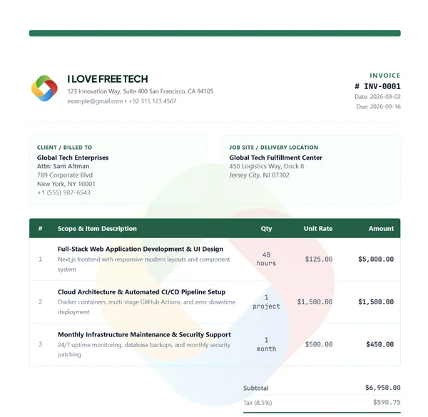 Construction and contractor invoice template preview with dark green accents and job site delivery info