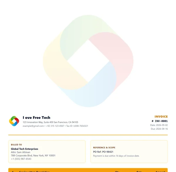 Contractor gold invoice template preview with amber accents, service scope, and rate breakdown