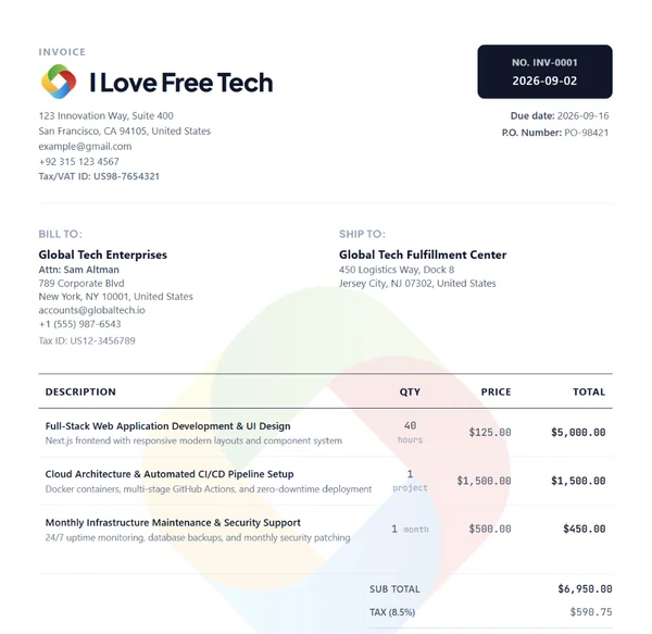 Executive navy invoice template preview for corporate consulting and agency billing