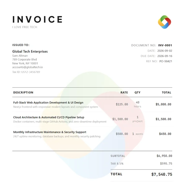 Freelance minimalist invoice template preview with elegant typography and clean border layout