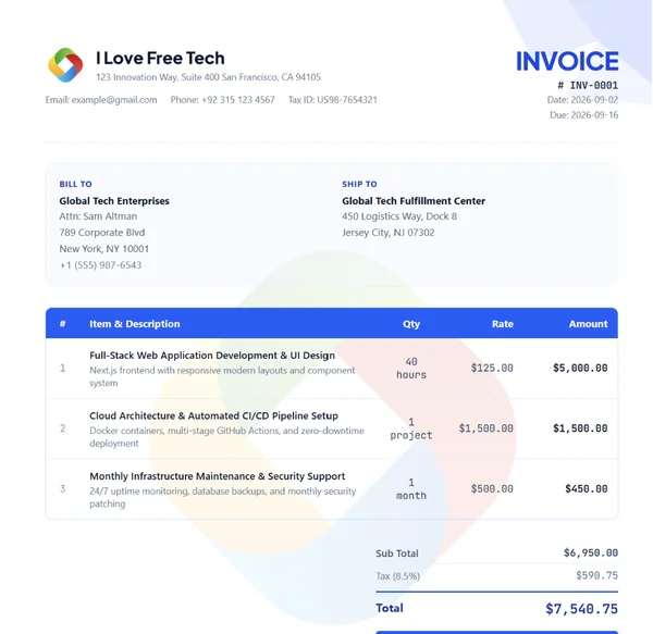 Modern tech invoice template preview with clean blue geometric headers and item description table