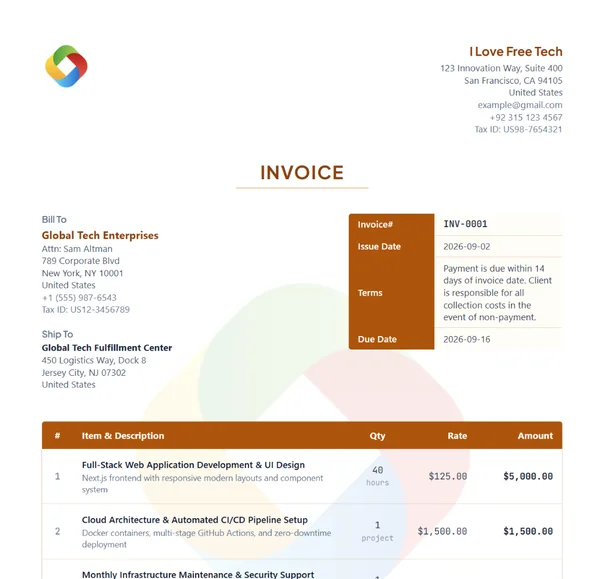 Proforma invoice document template preview with warm terracotta styling and structured line items