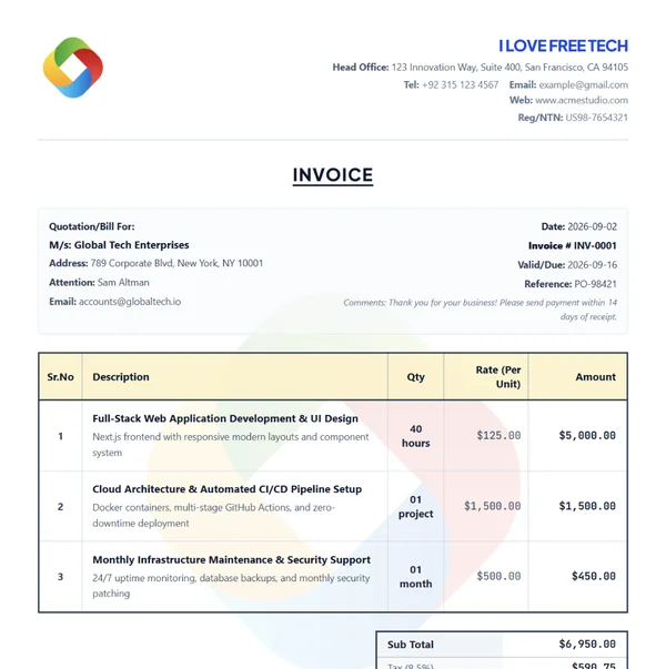 Technical blueprint invoice template preview for engineering, architecture, and manufacturing services